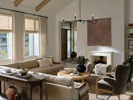 SHOP THE LOOK: Oslo Ottoman in Taupe, Sadira Coffee Table, Sedoni Chair in Monte Olive, Aurelia 3-Piece Sectional in Broadway Canvas, Charnes Console Table