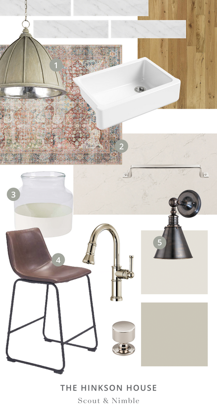 SHOP THE ROOM | 1. Fenchurch Pendant 2. Loren Rug Brick/Multi 3. White Color Block Flower Vase 4. Smart Counter Stool 5. Darien Wall Sconce