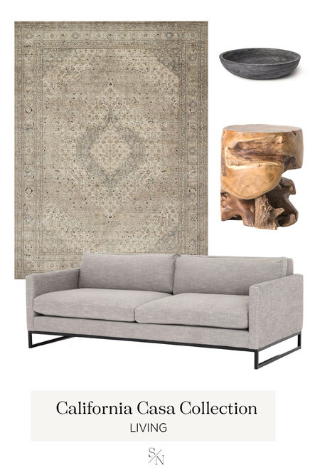 GET THE LOOK | 1. Millennium Sand & Ivory Rug 2. Roca Slate Bowl 3. Teak Stool 4. Drew 84” Sofa
