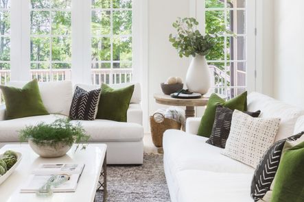 SHOP THE LOOK | Round Occasional Table, Safflower Green Velvet Pillow, Malibu Wood Balls