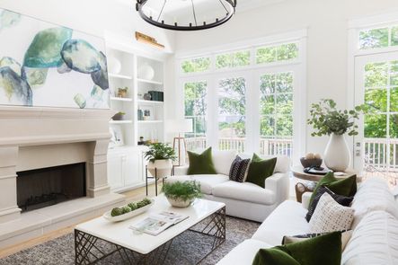 SHOP THE LOOK | Lewis Floor Lamp, Round Occasional Table, Safflower Green Velvet Pillow, Ridgewood 2 Light Picture Light, Malibu Wood Balls