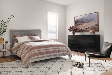 SHOP THE LOOK: Chaya Graphic Rug, Mae Queen Bed, Belmont 8 Drawer Dresser, Arthur Chair
