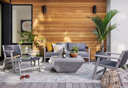 SHOP THE LOOK: Sherwood Outdoor Sofa, Delano Outdoor Chair & Ottoman, Delwin Outdoor Coffee Table, Cream Color Block Pillow Set,