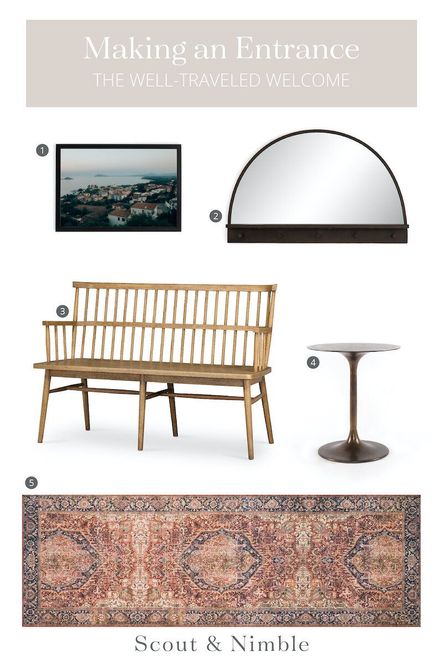 SHOP THE LOOK: 1. Marina on the Hill | 2. Wellington Mirror | 3. Aspen Bench | 4. Tulip Side Table | 5. Layla Red & Navy Runner