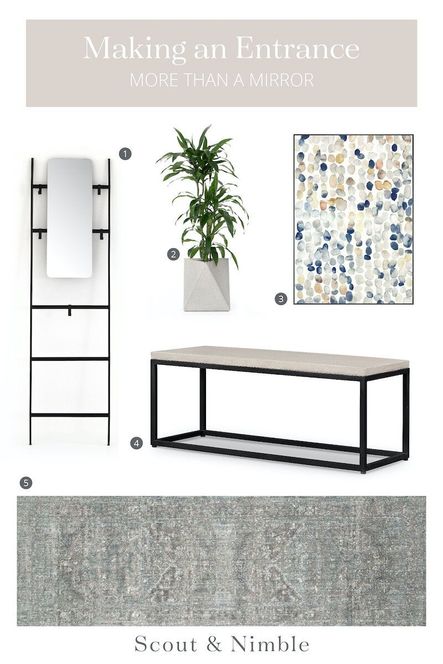 SHOP THE LOOK: 1. Jay Entryway Mirror | 2. Talia Planter | 3. Rain Drops All Day II Art | 4. Maximus Bench | 5. Anastasia Stone & Blue Runner