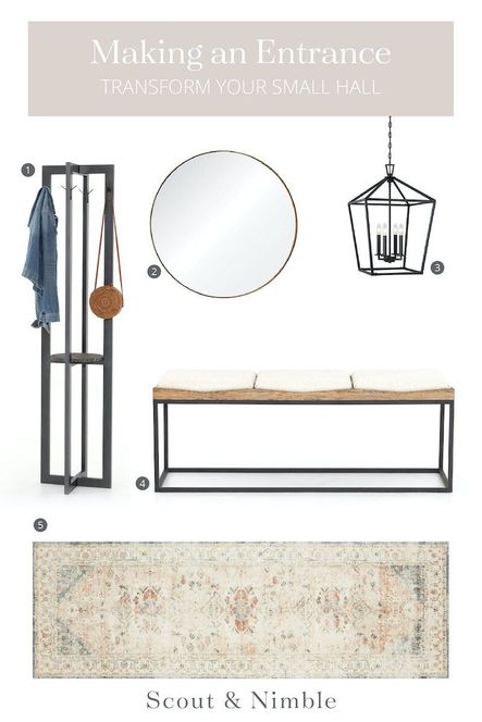 SHOP THE LOOK: 1. Amani Coat Rack | 2. Oryx Mirror | 3. Townsend Pendant | 4. Josephine Bench | 5. Rosette Clay & Ivory Rug
