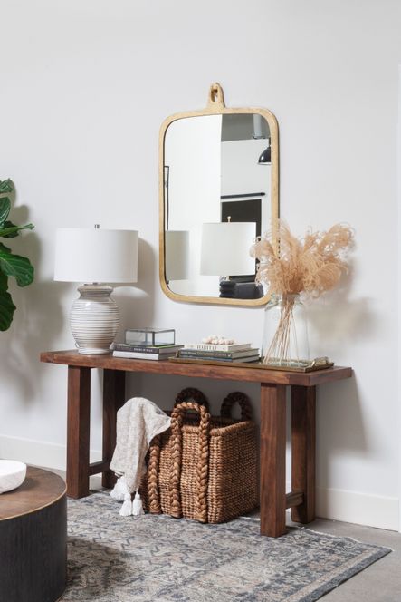 Shop the Look |Farm House Hall Table, Hyde Large Mirror, Marisa Lamp, Large French Mason Jar, Leaded Glass Case in Zinc Finish, Kenya Cow Bone Drum Beads