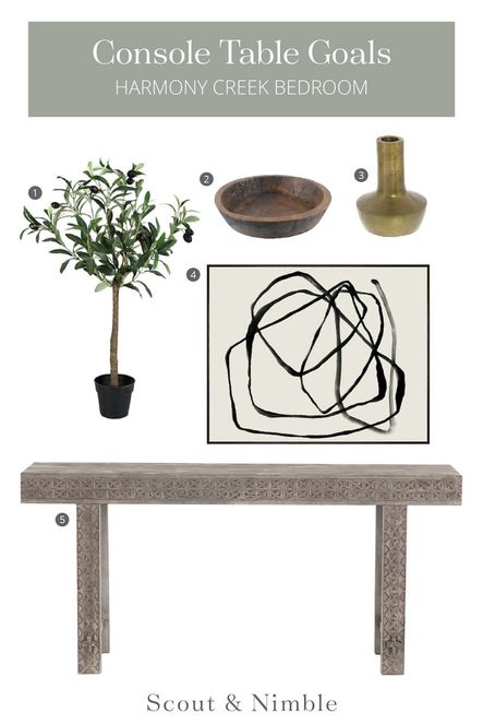SHOP THE LOOK: 1. Faux Olive Tree | 2. Village Wooden Bowl | 3. Small Genie Brass Vase | 4. Black Circles IV | 5. Balboa Carved Console