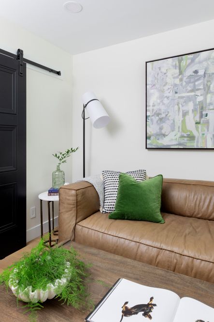 SHOP THE LOOK: Nolita Sectiona, Safflower Green Velvet Pillow, Valeria Coffee Table, Banded Shade Floor Lamp, Naomi End Table, Rhapsody in Green Art