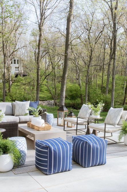 SHOP THE LOOK: Vallarta Outdoor Pouf, Avon Sling Chair, Blue & White Bamboo Garden Stool