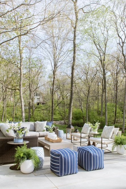 SHOP THE LOOK: Vallarta Outdoor Pouf, Blue & White Bamboo Garden Stool, Parish Coffee Table