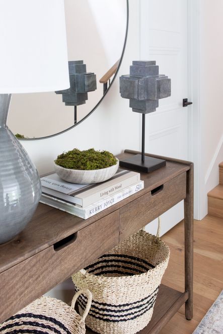 SHOP THE LOOK | Valeria Console Table, Glen Mirror, Ash Table Lamp, Liverpool Rug, Black Marble Sculpture, Galaxy Marble Bowl, Seagrass Baskets