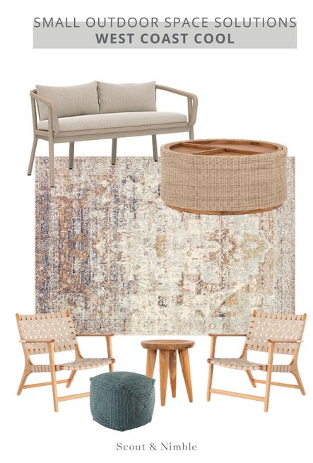 SHOP THE LOOK: Tate Outdoor Bench, Harpa Outdoor Storage Coffee Table, Jevon Outdoor Chair, Zuri Outdoor Stool, Bridgehampton Outdoor Teal Pouf, Bodrum Outdoor Rug