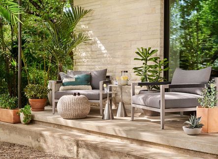 SHOP THE LOOK: Phoenix Outdoor Accent Stool, Sherwood Outdoor Chair, Frisco End Tables, Color Block Pillow Set
