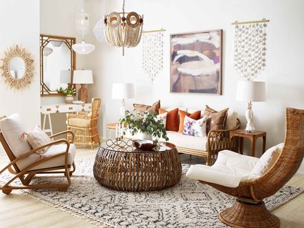 SHOP THE LOOK: Regeant Rectangular Mirror | Emile Arm Chair | Cuban Lounge Chair | Healdsburg Small Swivel Chair | Mayfair Bead Chandelier