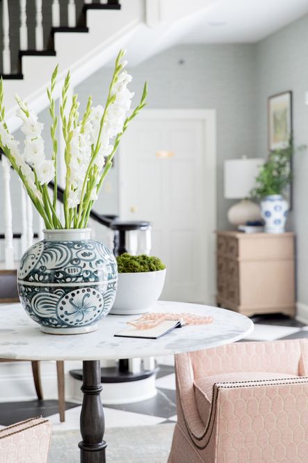 SHOP THE LOOK: Blue & White Yuan Sunflower Jar, Busan White Orchid Bowl, Vintage Sea Glass Beads, Lucy Dining Table, Gayle Bench