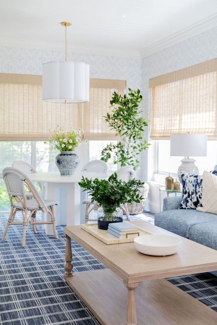 SHOP THE LOOK: Sweeny Five Light Chandelier, Blue & White Ginger Jar, Antique Brass Bells, Large Ceramic Bowl, Santa Barbara Cocktail Table