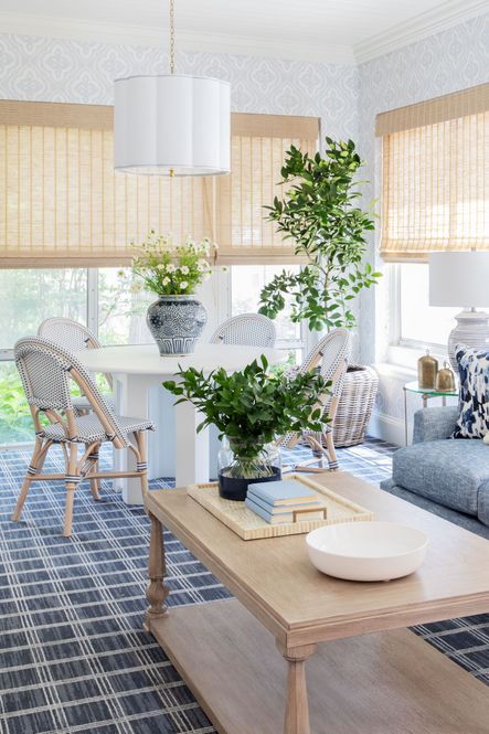 SHOP THE LOOK: Sweeny Five Light Chandelier, Marisa Table Lamp, Blue & White Ginger Jar, Shanghai Loft Dining, Navy Colorblock Flower Vase, Bone and Brass Tray, Large Ceramic Bowl, Santa Barbara Cocktail Table