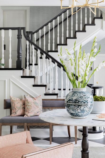 SHOP THE LOOK: Lucy Dining Table, Gayle Bench, Blue & White Yuan Sunflower Jar, Tribeca Planter, Carter Dining Bench