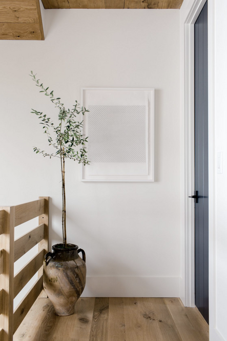 The top of the stairs reveals a calming moment with a potted plant and minimalis artwork.