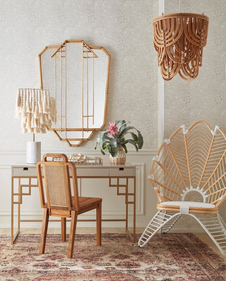 SHOP THE LOOK: Morgan Desk | Palm Occasional Chair | Edith Mirror | Scallop Pendant
