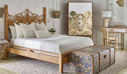 SHOP THE LOOK: Artichoke King Bed | Poppy Armoire | Strawberry Thief Trunk in Multi | Fota Arm Chair in Natural | Strawberry Thief Console Table In Neutral