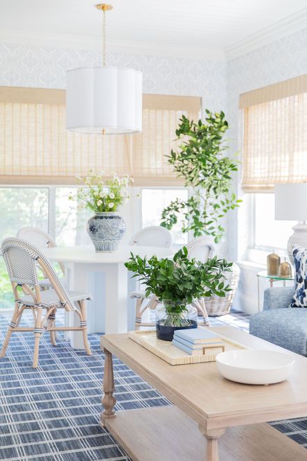 Design by Bodine White | Photography by Scout &amp; Nimble | SHOP THE LOOK: Navy Colorblock Flower Vase, Multi Tone Bone and Brass Tray, Large Ceramic Bowl, Santa Barbara Cocktail Table