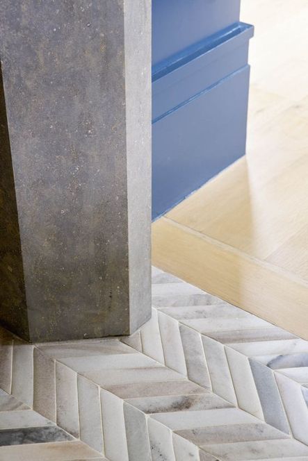 Speaking of fun patterns, hereโs an up-close transition from tile to a light wood flooring.