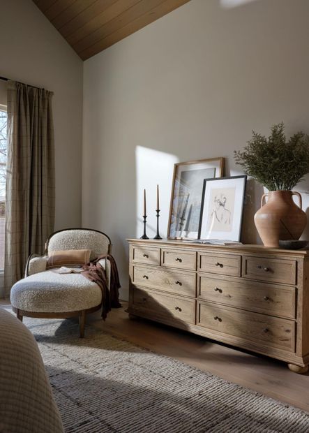 SHOP THE LOOK: Geoffrey Wide Dresser, Demi Chaise, Charcoal Her by Brittney Schulz, Atrani Vessel