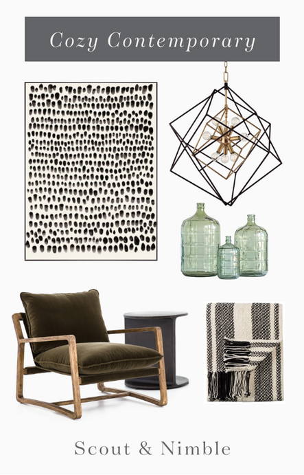 Shop the Look: Black Dots Framed Art, Roundout 12 LIGHT PENDANT, Small Milton Glass Bottle, Sojourn Throw, Ace Chair