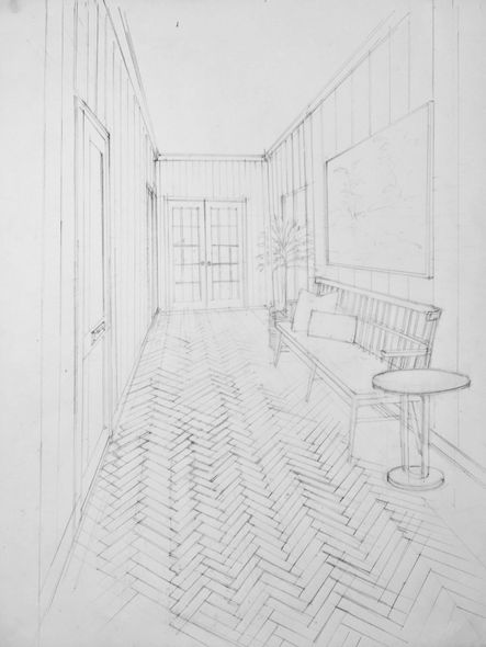 STEP 1 // Back Hallway Rendering of our Tri Delta Traditional Project| Rendering by Jane Gianarelli