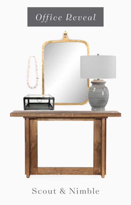Shop the Look | Farm House Hall Table, Leaded Glass Case in Zinc Finish, Kenya Cow Bone Drum Beads, Hyde Large Mirror, Marisa Lamp