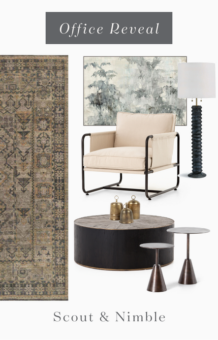 Shop the Look | Layla Olive / Charcoal Rug, Accordian Floor Lamp, Isabel Chairs, “A Curious Place” Artwork, Antique Brass Bells, Perry Coffee Table