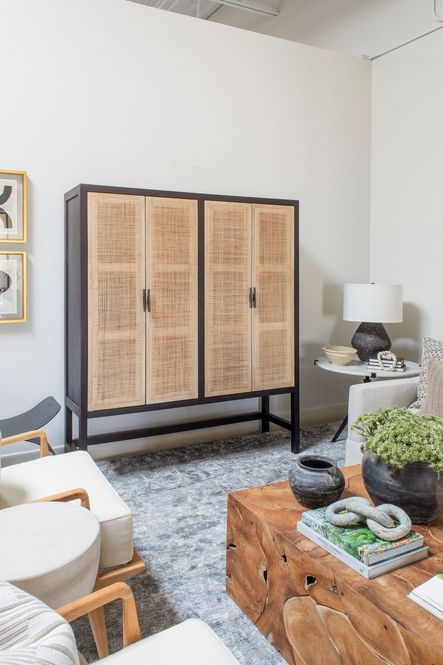 SHOP THE LOOK: Caprice Cabinet, Vert Coffee Table, Artifact Graystone Table Lamp, Atlas Marble Chain, Four Handles Water Pot, Vintage Pottery Water Jar, Allister Chairs, Lincoln Rug